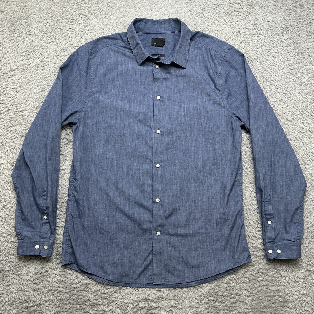 H&M Shirt Mens L Blue Chambray Slim Fit Cotton Polyester